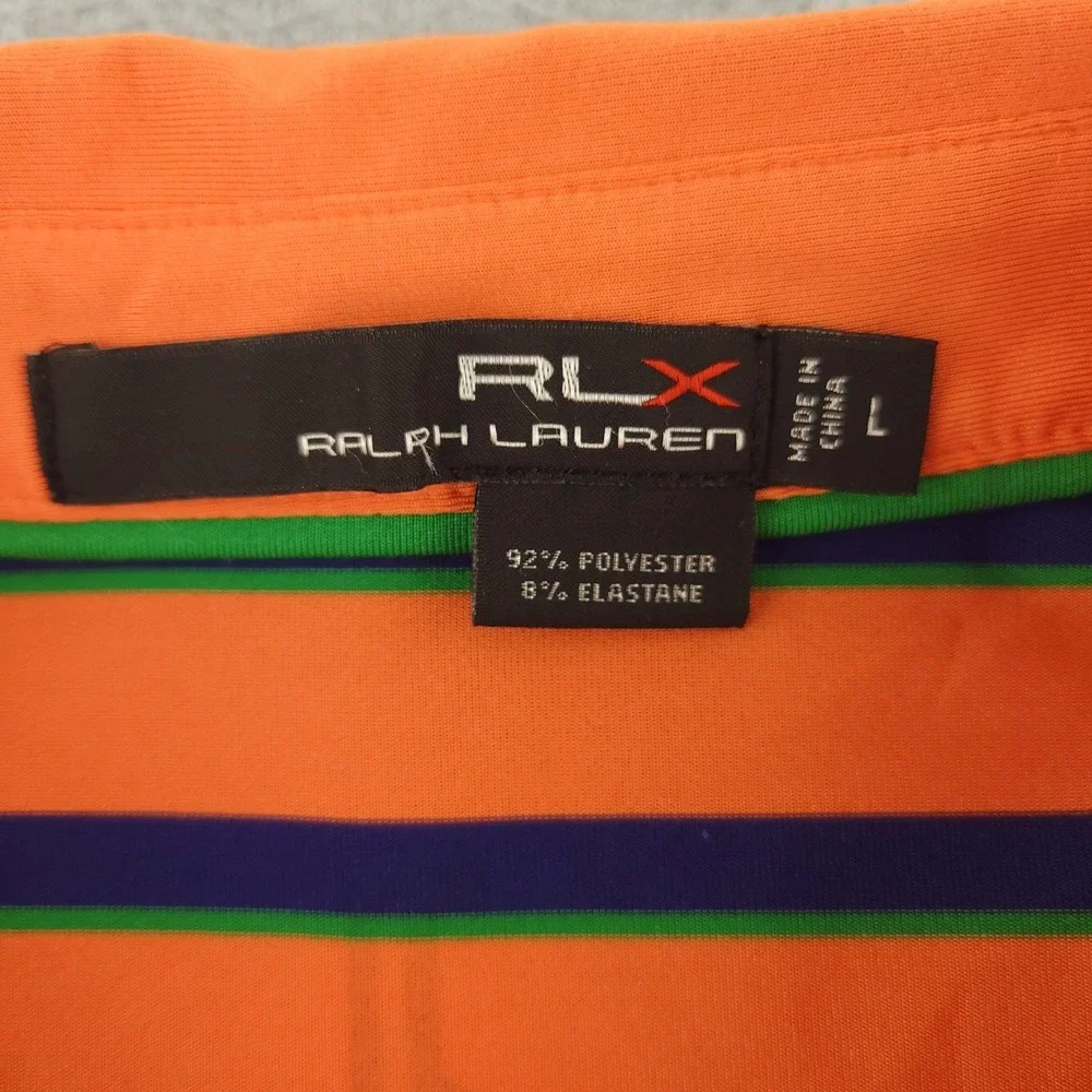 RLX Ralph Lauren Polo Shirt Mens L Orange Stripe Golf Performance Stretch Top
